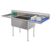 84 in. 18-Gauge 2-Compartment Commercial Sink with Backsplash and 24 in. Dual Drainboards, Bowl dimensions 18"x24"x14" in Stainless-Steel (KM-SB182414-24B3)